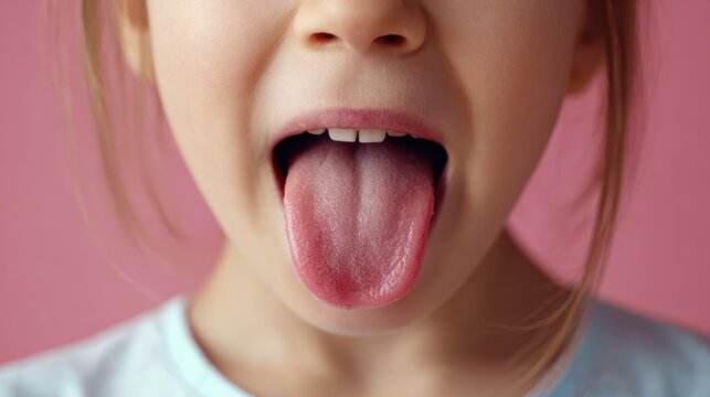 Close up of a girl curling her tongue Concept of speech therapy and tongue exercises