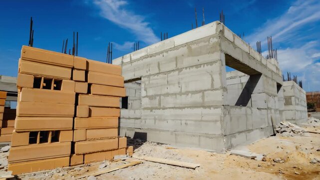 Building under construction with concrete blocks structural development and architecture concept