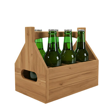 Four green glass bottles with silver caps are nestled in a wooden carrier with a handle. isolated on a transparent background, png, cutout.