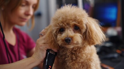 A groomer trims an adorable poodle puppy at a pet salon while a woman styles her hair