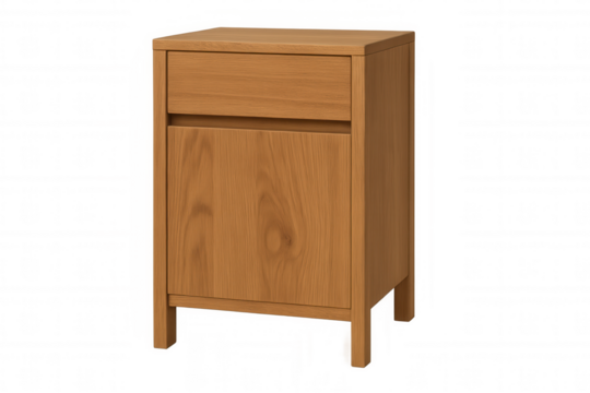 Wooden nightstand with a drawer and a cabinet, furniture for bedroom or living room, transparent background