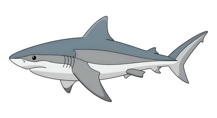 Obraz premium Cartoon great white shark with gray body, fins, and white underside