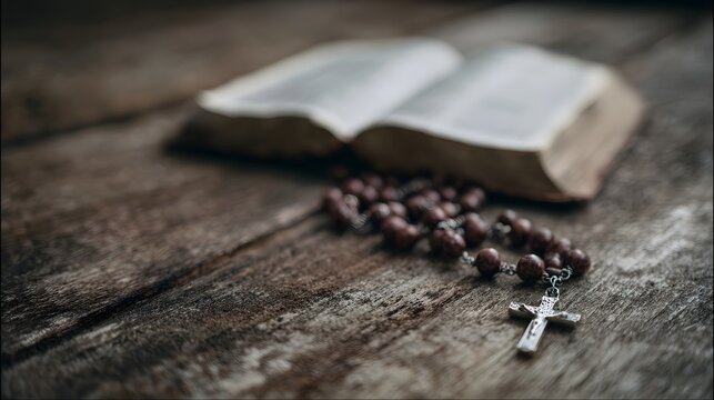 Open Bible and rosary beads with a cross on a rustic wooden table symbolizing faith prayer and spiritual devotion - Powered by Adobe
