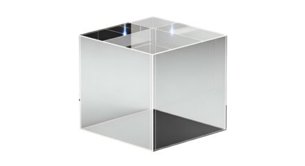 Clear, angular cube; translucent box object with blue sparkles