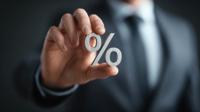 Businessman displaying a zero percent sign No commission offer for Black Friday and holiday season Economic downturn High interest rates Payment issues