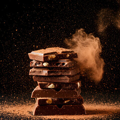 Stacked chocolate bars with cocoa dust