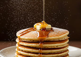 Stack of pancakes with syrup drizzle