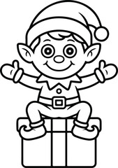 Fototapeta premium Christmas Elf Sitting on Gift Box ClipArt, Merry Christmas illustration, Xmas Outline Sublimation, Winter holiday Graphic