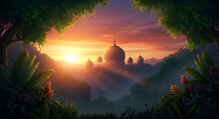 Sunrise over an ancient structure amidst lush foliage