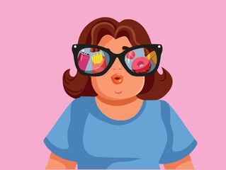 Hungry Overweight Women Craving for Junk Food Vector Illustration. Obese woman longing for unhealthy foods and desserts 
