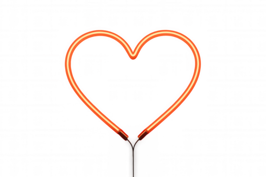 Orange neon heart sign glowing, symbolizing love, romance, and passion on transparent background