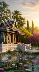 Traditional architecture and water landscape at sunrise