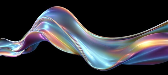 Abstract iridescent liquid form flowing on a black background