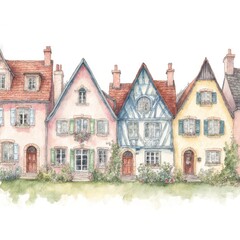 Fototapeta premium Charming European Village Storybook Cottages with Pastel Colors and Flower Boxes - Watercolor Illustration