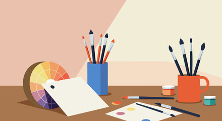 Artistic Workspace with Brushes, Paints, and Color Palette