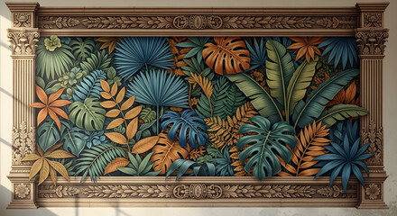 Tropical foliage mural with decorative frame