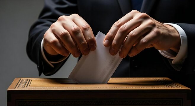 A Man's Hand Depositing Ballot in Wooden Box Depicting Democratic Process and Civic Duty