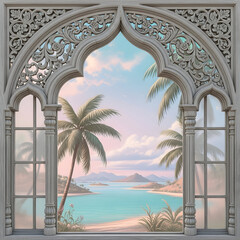 Tropical scene through architectural archway