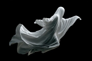 A ghostly figure in a flowing white shroud against a black background