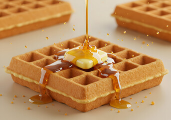 Waffle with butter and syrup pouring