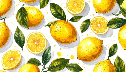 Watercolor lemon and leaf pattern on white