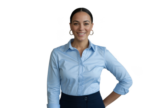 Smiling businesswoman in blue shirt isolated on transparent background