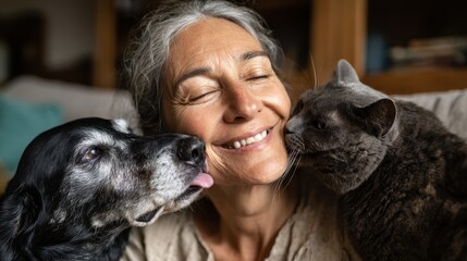 Plakat A middle aged woman relaxes at home with her pets a dog greets her affectionately while a cat rests nearby