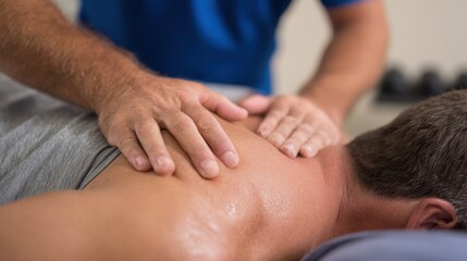 A therapist provides deep tissue massage on a patient s shoulder to reduce tension and enhance movement in a clinical environment