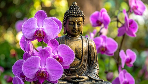 Golden Buddha statue amongst vibrant purple orchid flowers
