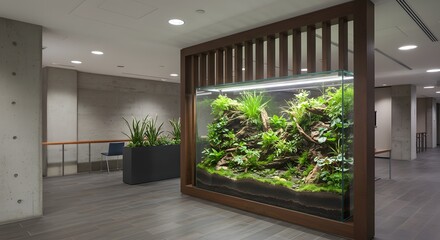 Fototapeta premium Modern Office Interior with Lush Green Terrarium and Concrete Accents