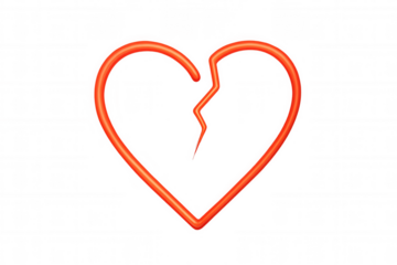 Heartbreak symbol showing a broken red outline heart on transparent background representing end of romance or sadness