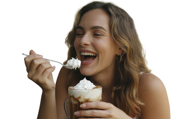 Young woman eating dessert isolated on transparent background