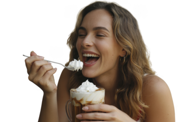 Young woman eating dessert isolated on transparent background