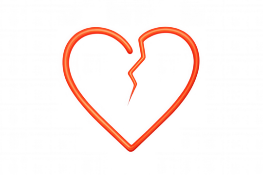 Heartbreak symbol showing a broken red outline heart on transparent background representing end of romance or sadness - Powered by Adobe