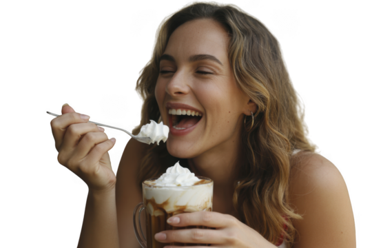 Young woman eating dessert isolated on transparent background