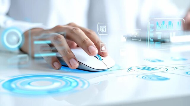 Business professional interacting with a futuristic holographic user interface using a computer mouse for data analysis and innovation