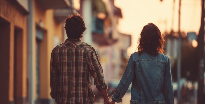 Couple outdoors holding hands in a loving relationship committed to each other Man and woman walk romantically together fostering trust support and joy