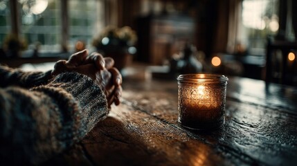 Hands in knitted sleeves rest on a wet wooden table beside a glowing candle in a cozy, atmospheric room.