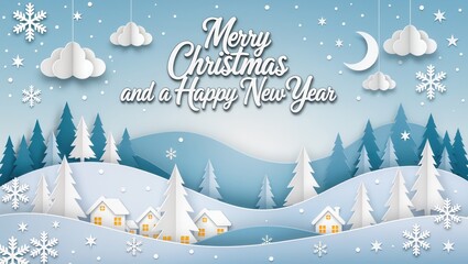 Festive winter village landscape featuring glowing houses, pine trees, snowflakes, and the Merry Christmas greeting under a calm blue sky with clouds and moon, creating a cheerful holiday mood