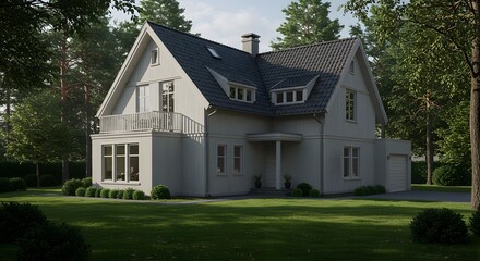 Modern Scandinavian Style Family House Surrounded by Lush Green Trees and Manicured Lawn