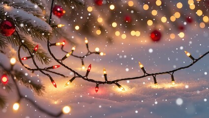 Festive Christmas lights glow warmly upon snow-covered pine branches during the gentle snowfall, creating a cozy winter holiday atmosphere featuring soft evening light and blurred background bokeh