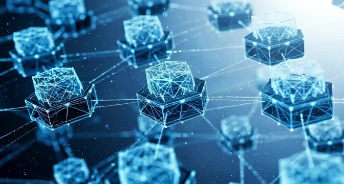 Abstract network of interconnected nodes representing blockchain technology and distributed ledger systems animated 4k video