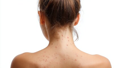 Naklejka premium Close up of a young woman s back and shoulders featuring acne on a white background