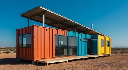 Fototapeta premium Modern Shipping Container Home with Colorful Facade in Arid Landscape