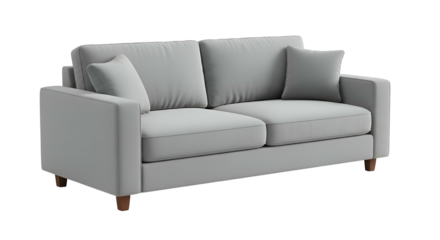 Gray sofa with throw pillows, minimalist style on a black backdrop