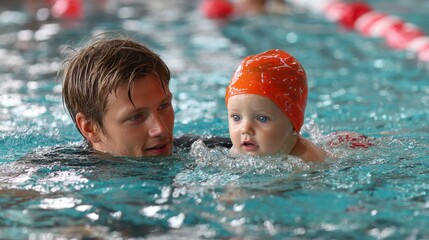 A child is taught swimming by a coach in a pool Classes for young kids Aquatic facility for kids