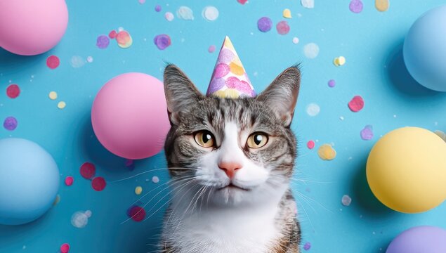 A cat wearing a party hat amidst colorful balloons and confetti