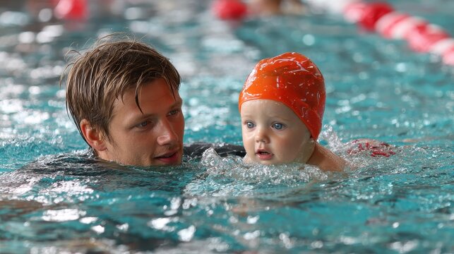 A child is taught swimming by a coach in a pool Classes for young kids Aquatic facility for kids