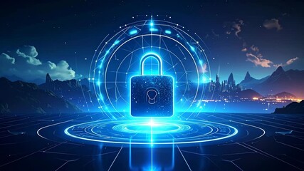 Advanced cyber security concept with a glowing blue padlock hologram over a futuristic digital landscape - Powered by Adobe