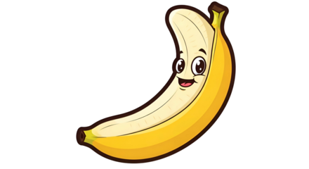 Happy peeled banana cartoon with a cute face and brown outline
